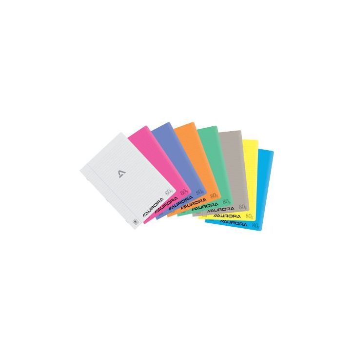 Cahier piqué AURORA 72 pages 80g, format A4 ligné 8mm, couverture PP coloris assortis 36PPT AURORA