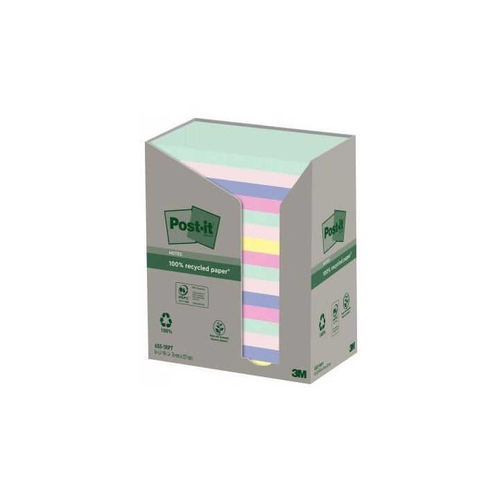 POST-IT® Notes Post-it Recyclées Nature. 76 x 127 mm. 16 blocs, 100 F. Ass : vert, rose, bleu, jaune.