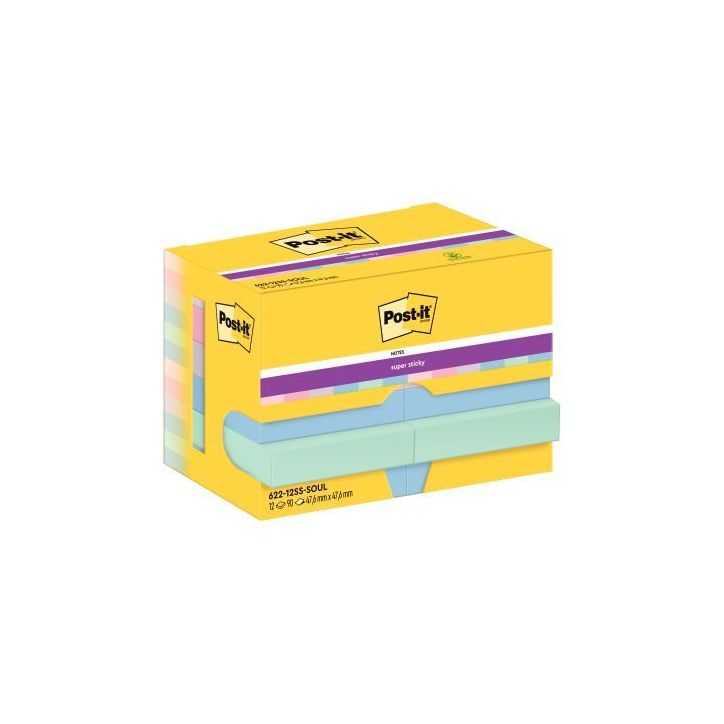POST-IT® Notes Super Sticky Soulful 47.6 x 47.6 mm. Lot de 12 blocs de 90 F. Ass : rose, bleu et vert.