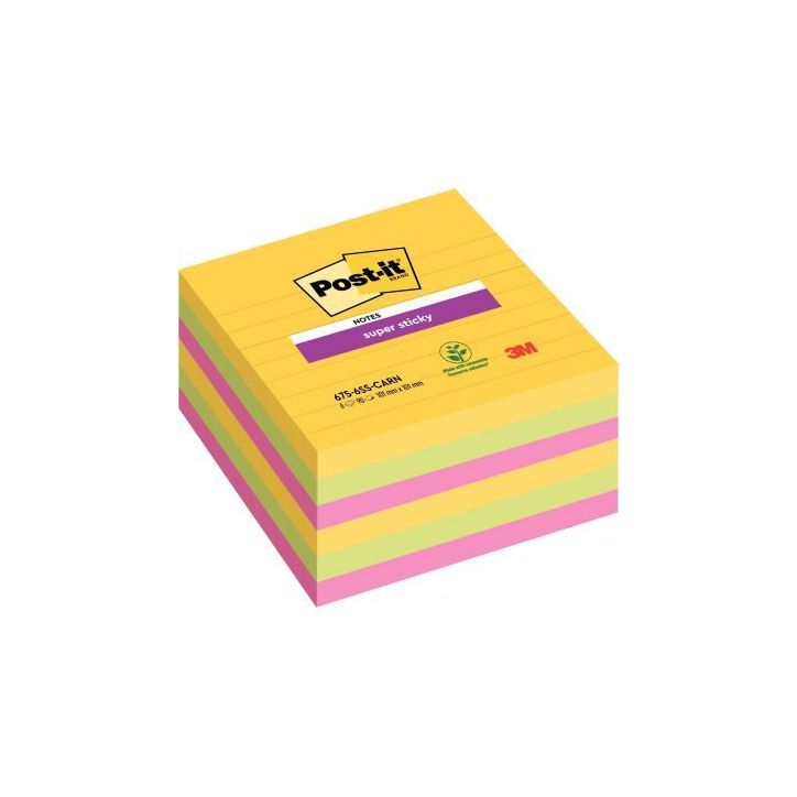 Lot de 6 blocs Notes Super Sticky de 90 feuilles lignées, format 101 x 101 mm, couleurs CARNIVAL BP907 POST-I(...)