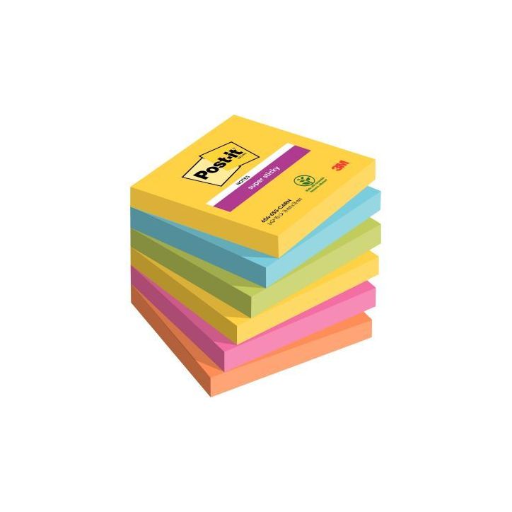 POST-IT Lot de 6 blocs Notes Super Sticky POST-IT® couleurs RIO 90 feuilles 76 x 76 mm