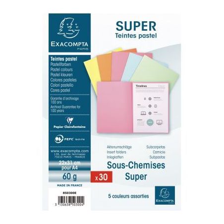 Achetez Paquet de 30 sous-chemises 60g format 22x31 cm coloris assortis 850300E SUPER EXACOMPTA pas ..