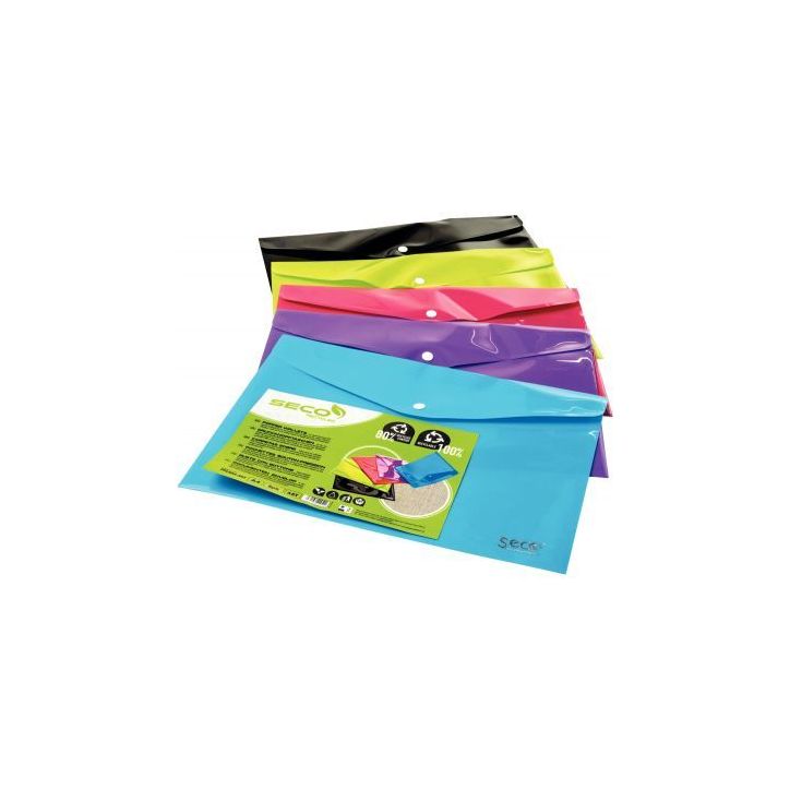 Paquet de 5 enveloppes avec bouton pression en polypropylène 80% recyclé pour format A4 PPLSA4-AST SECO