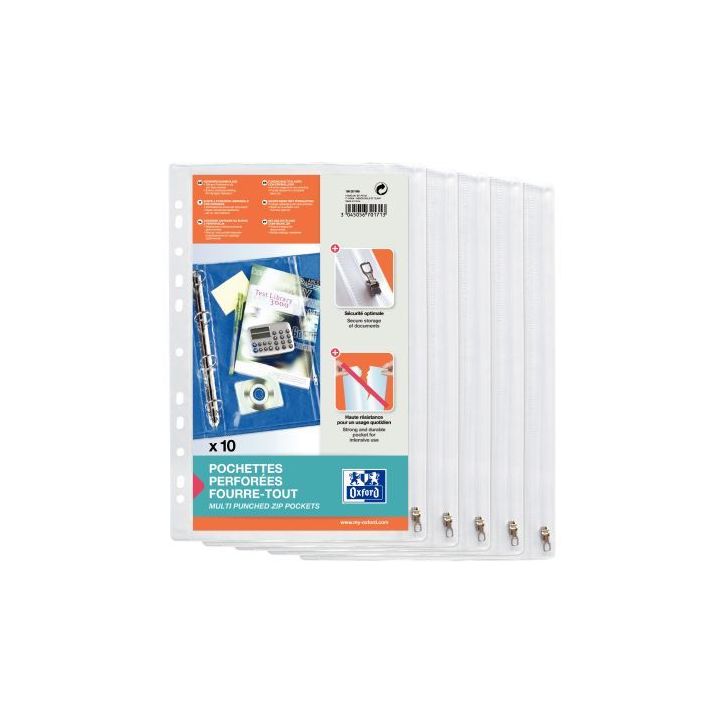 OXFORD Sachet de 10 pochettes perforées à  Zip en PVC transparent 14/100e. Format A4,perforation 11 trous.