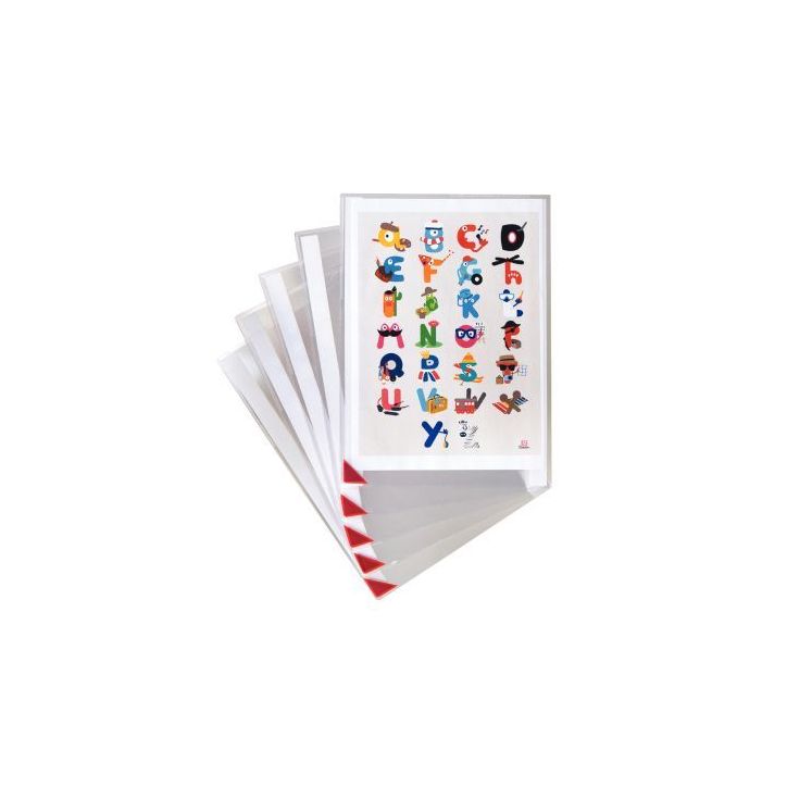 TARIFOLD Sachet de 5 poch. murales PVC A4, adhésives repositionnables, ouv. en coin et coin magnétique.