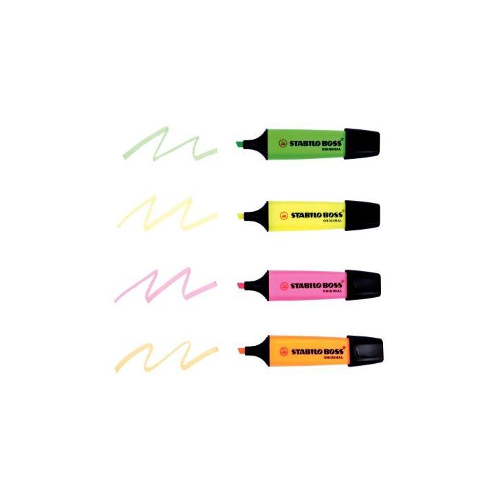 STABILO BOSS ORIGINAL surligneur pointe biseautée - Pochette de 4 surligneurs fluo - Coloris assortis