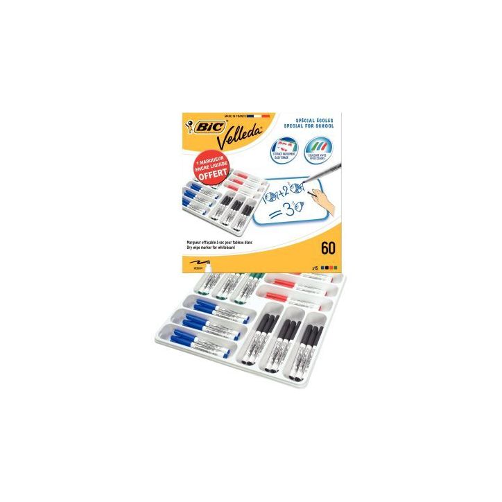 Classpack 60 feutres Velleda 1741 pointe ogive moyenne en 4 couleurs + 1 marqueur encre liquide 931824 BIC