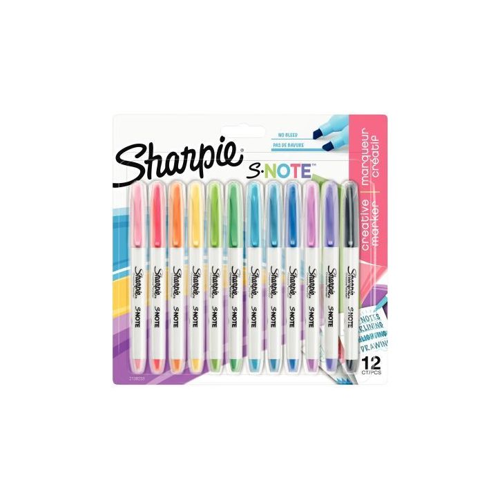 SHARPIE Pochette de 12 marqueurs permanents SHARPIE S-Note pointe biseautée. Coloris assortis pastel