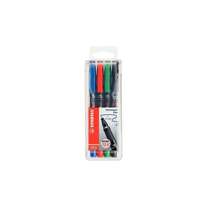 STABILO OHPen marqueur permanent pointe fine (0,7 mm) - Pochette de 4 marqueurs - Noir/Bleu/Rouge/Vert
