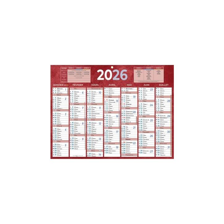 Calendrier semestriel 7 mois par face 32x42cm rouge PAP222R