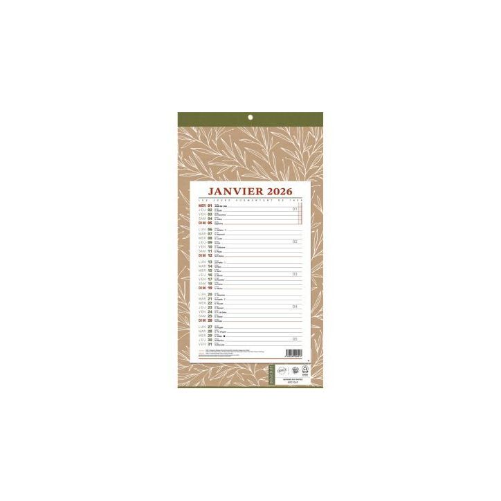 Calendrier mensuel 12 feuilles 36x19cm Natura PAP409NR
