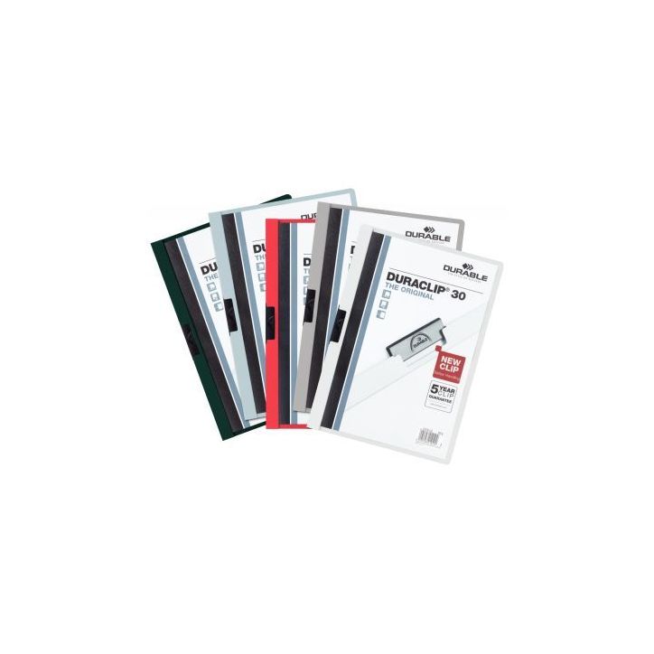 Carton de 25 chemises de présentation à clip Duraclip. Format A4. Dos 3 mm. 5 couleurs assorties : Blanc, ro(...)