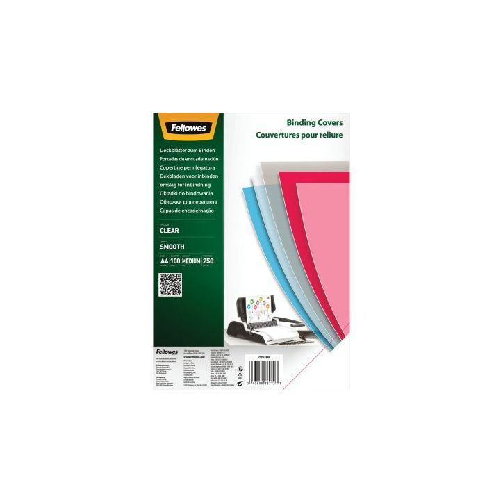 Paquet de 100 couvertures PET lisse incolore épaisseur 25/100ème format A4 5384801 FELLOWES