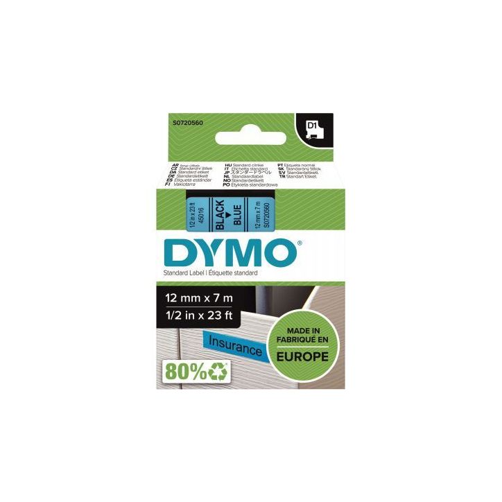 DYMO Ruban D1 Noir/Bleu 12MMX7M pour 1000/1000+/2000/3500/4500/5000/5517 S0720560