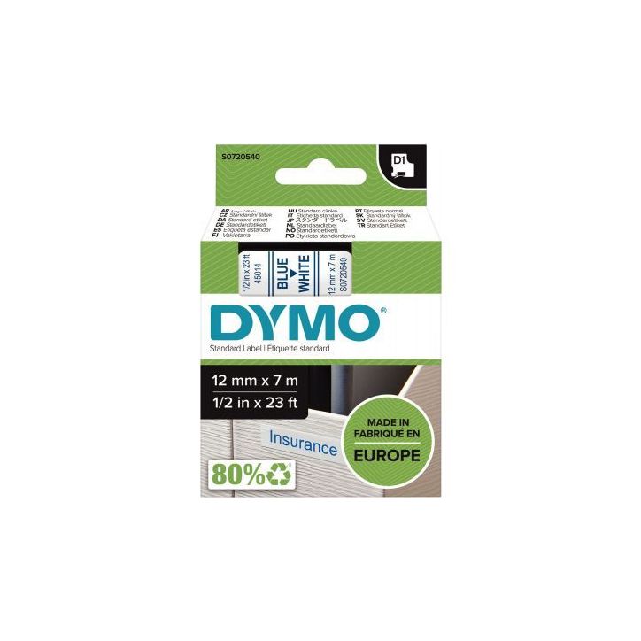 DYMO Ruban D1 Bleu/Blanc 12MMX7M pour 1000/1000+/2000/3500/4500/5000/5515