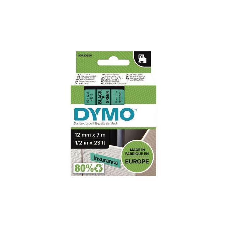 Recharge DYMO D1 12 mm x 7 m impression noir support vert S0720590 DYMO