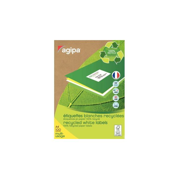 AGIPA Boite de 100 étiquettes blanches 100% recyclées 210x297mm - laser copieur et jet d'encre 101195