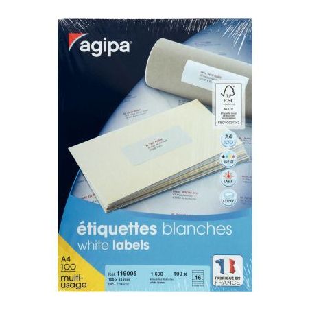 Achetez Boîte de 1600 étiquettes multi-usages blanches 105x35mm 119005 AGIPA pas cher sur Ma Rentr..