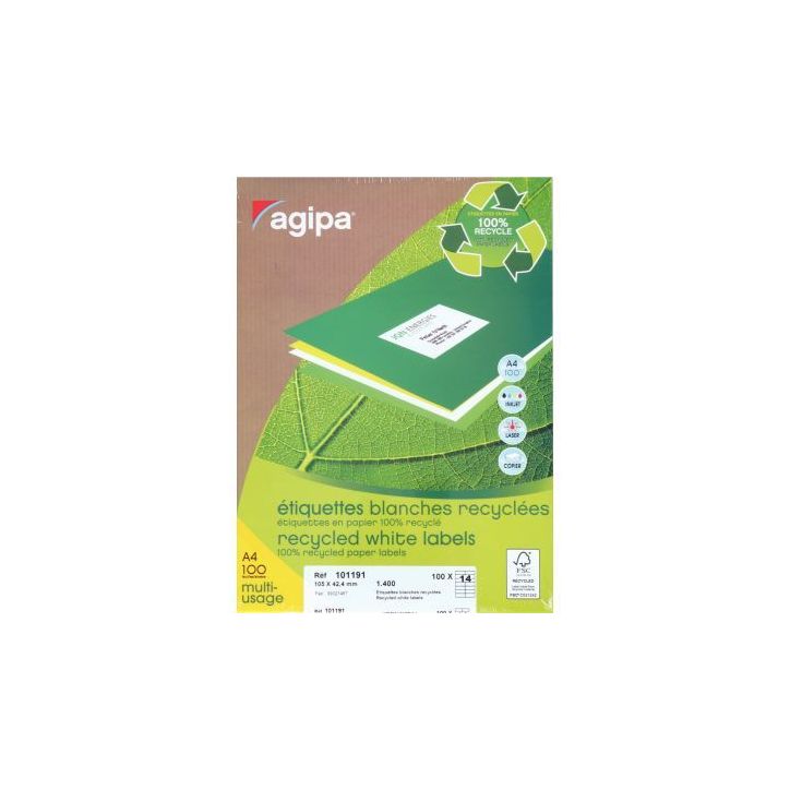 Boîte de 1400 étiquettes multi-usages blanches recyclées 105x42,4mm 000101191 AGIPA