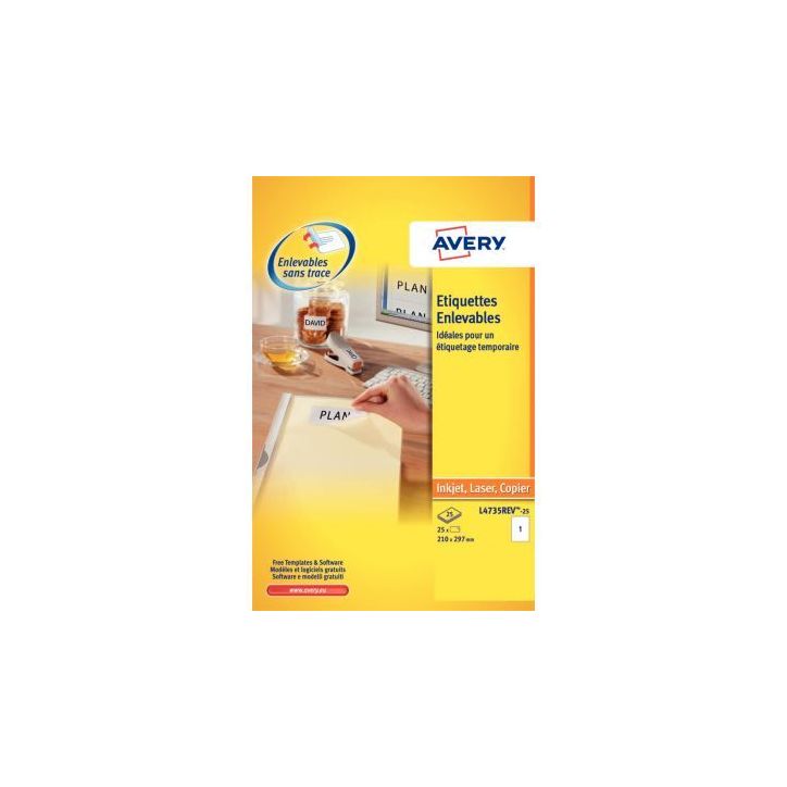 Pochette de 50 étiquettes enlevables blanches 199,6x143,5mm L4734REV-25 AVERY