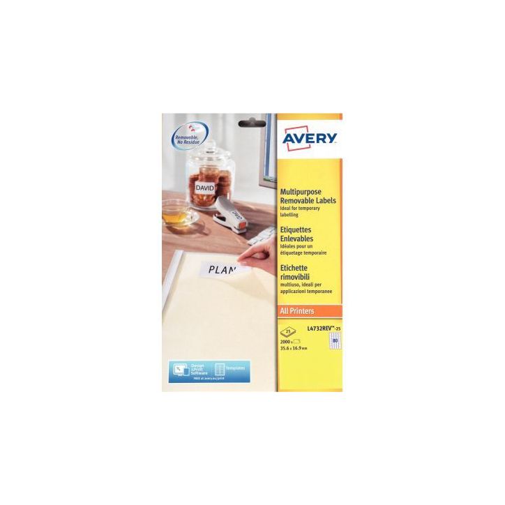 Pochette de 2000 étiquettes blanches enlevables 35,6x16,9mm L4732REV-25 AVERY