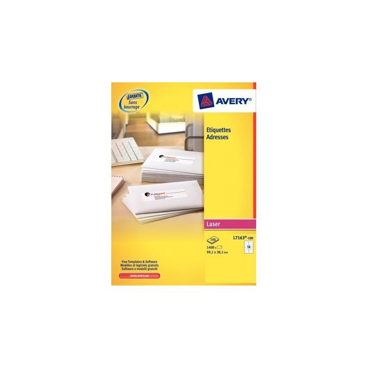 Pochette de 2100 étiquettes adhésives blanches laser 63,5x38,1mm L7160-100 AVERY