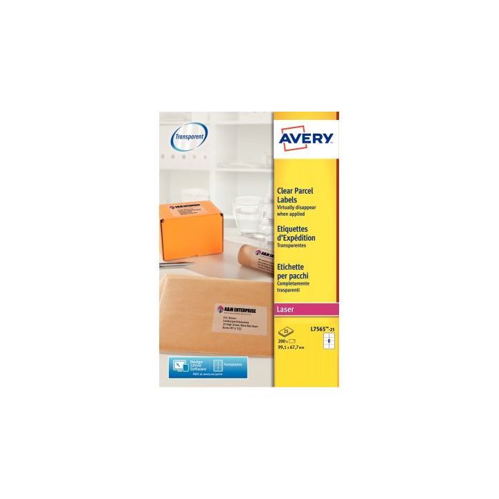Pochette de 200 étiquettes transparentes laser 99,1x67.7mm L7565-25 FR AVERY