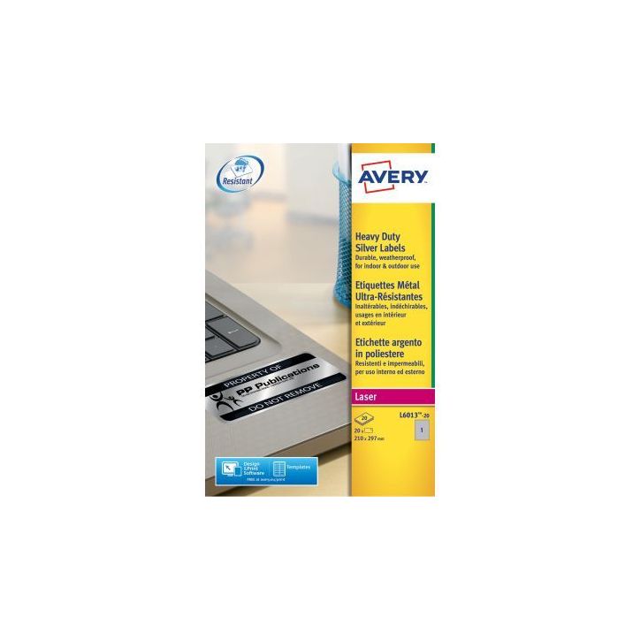 Boîte de 20 étiquettes ultra résistantes polyester laser métal 210 x 297mm L6013-20-AVERY AVERY
