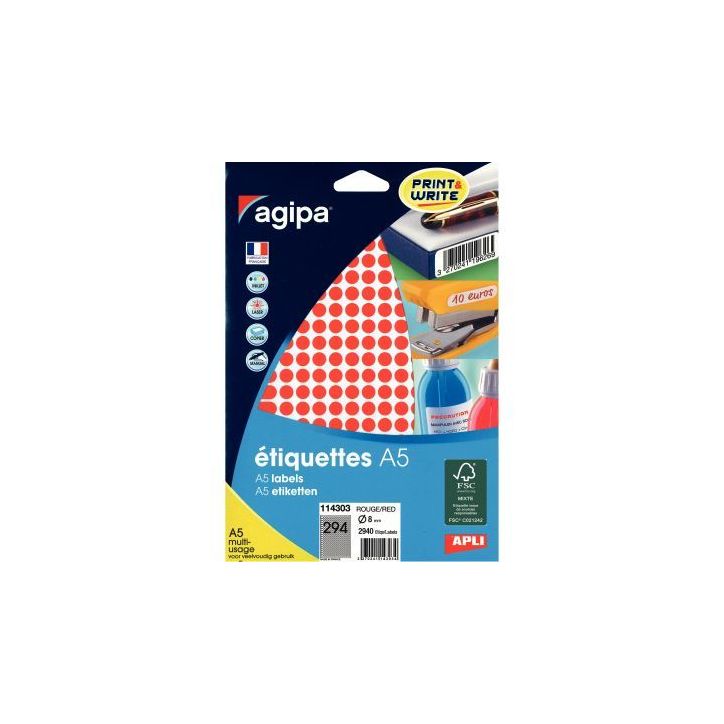 Etui de 2940 pastilles adhésives diamètre 8 mm rouge 114303 AGIPA