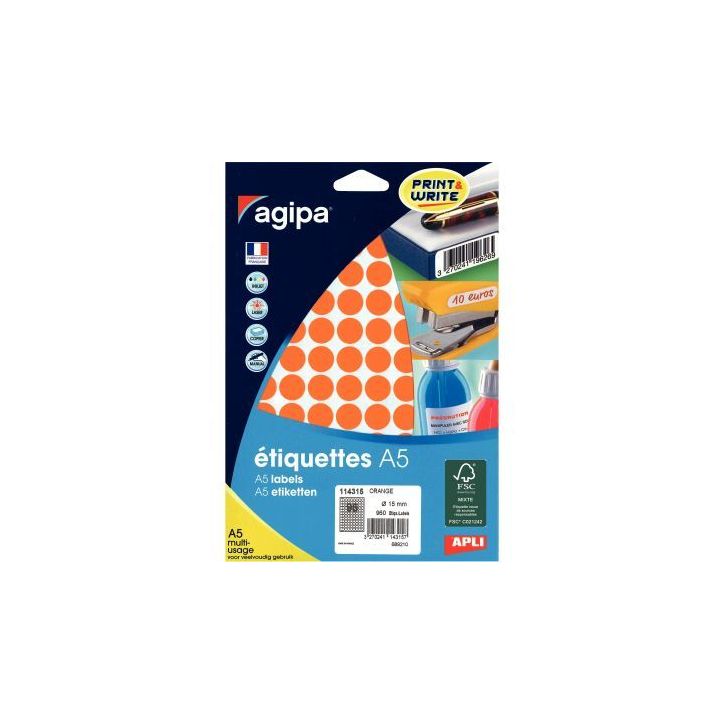 Etui de 960 pastilles adhésives diamètre 15 mm orange 114315 AGIPA