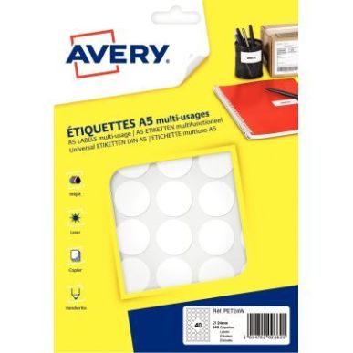 Achetez Etui de 640 disques adhésifs 24mm coloris blanc PET24W AVERY pas cher sur Ma Rentrée Scola..