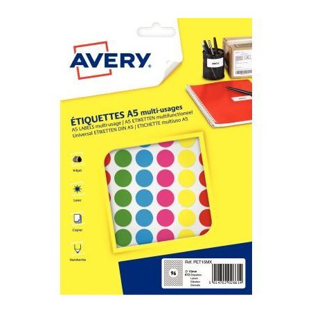 Achetez Etui de 672 disques adhésifs 15mm assortis PET15MX AVERY pas cher sur Ma Rentrée Scolaire