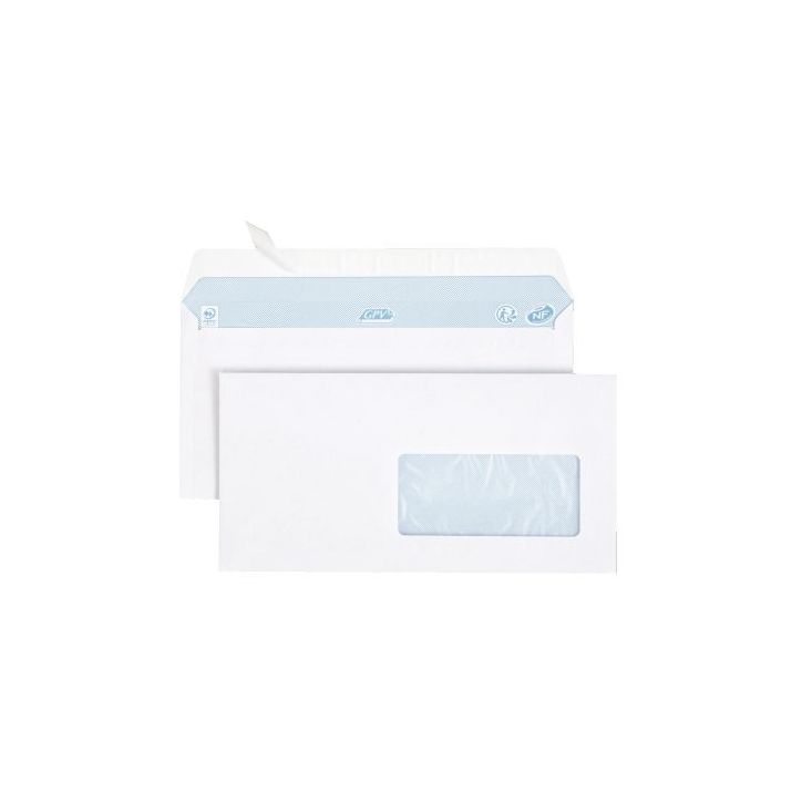 Boîte de 500 enveloppes blanches DL 110x220 80g/m² fenêtre 45x100 bande de protection 1311 GPV