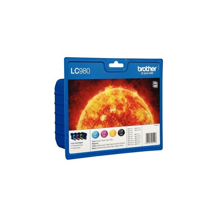Lot de 4 cartouches jet d'encre à la marque Brother LC980VALBP noir cyan magenta et jaune Soleil LC980VALBP B(...)