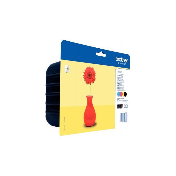 Lot de 4 cartouches jet d'encre à la marque Brother LC121VALBP noir cyan magenta et jaune Marguerite rouge LC(...)