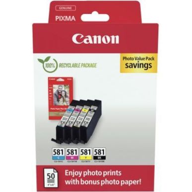 Achetez Canon 581 pack de 4 cartouches jet d'encre noire, cyan, magenta et jaune authentique (CLI581..