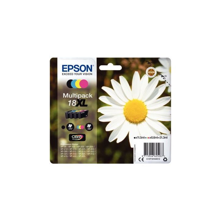 Lot de 4 cartouches jet d'encre à la marque Epson T18164 noir cyan magenta et jaune haute capacité Paquerett(...)