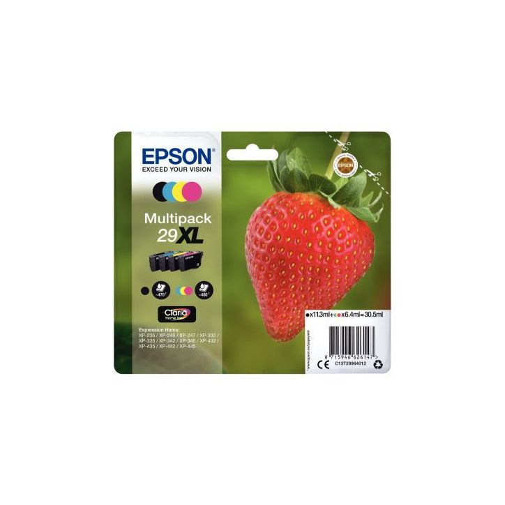 Lot de 4 cartouches jet d'encre à la marque Epson T299640 noir cyan magenta et jaune haute capacité Fraise E(...)