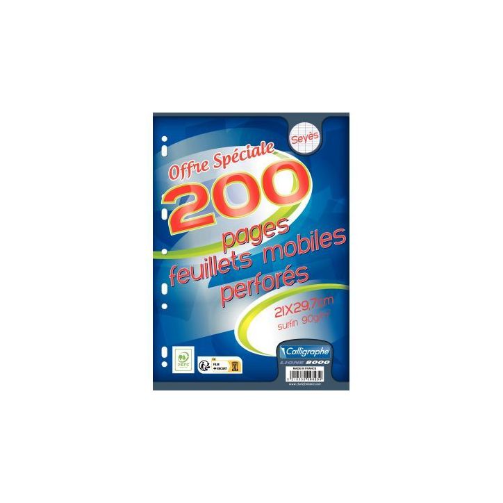 Paquet de 100 feuillets mobiles perforés, format A4, papier 90g, seyès 9323C CLAIREFONTAINE