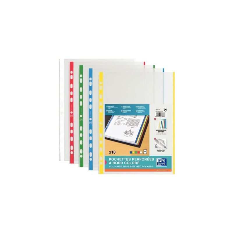 Achetez Sachet de 10 pochettes perforées en polypropylène 9/100ème format A4 bords couleurs assor.. Achetez Sachet de 10 pochettes perforées en polypropylène 9/100ème format A4 bords couleurs assor..