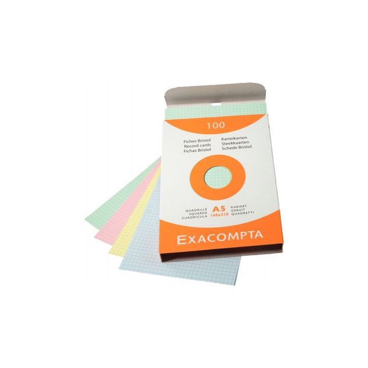 EXACOMPTA Etui de 100 fiches bristol non perforées 148x210mm (A5) quadrillées 5x5 assortis