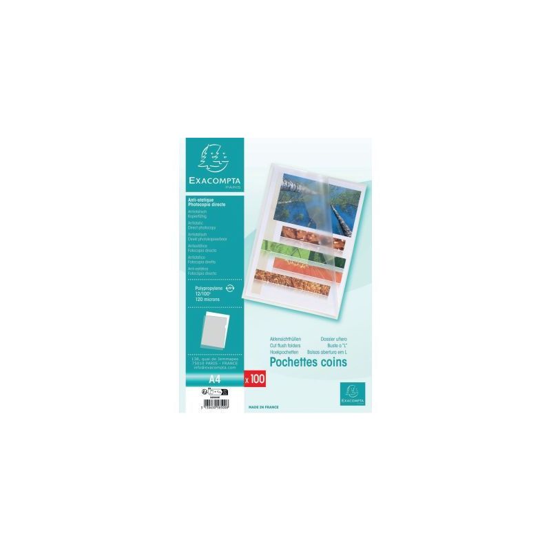 Achetez Sachet de 100 pochettes coin en polypropylène 12/100 incolore 58500E EXACOMPTA pas cher sur.. Achetez Sachet de 100 pochettes coin en polypropylène 12/100 incolore 58500E EXACOMPTA pas cher sur..