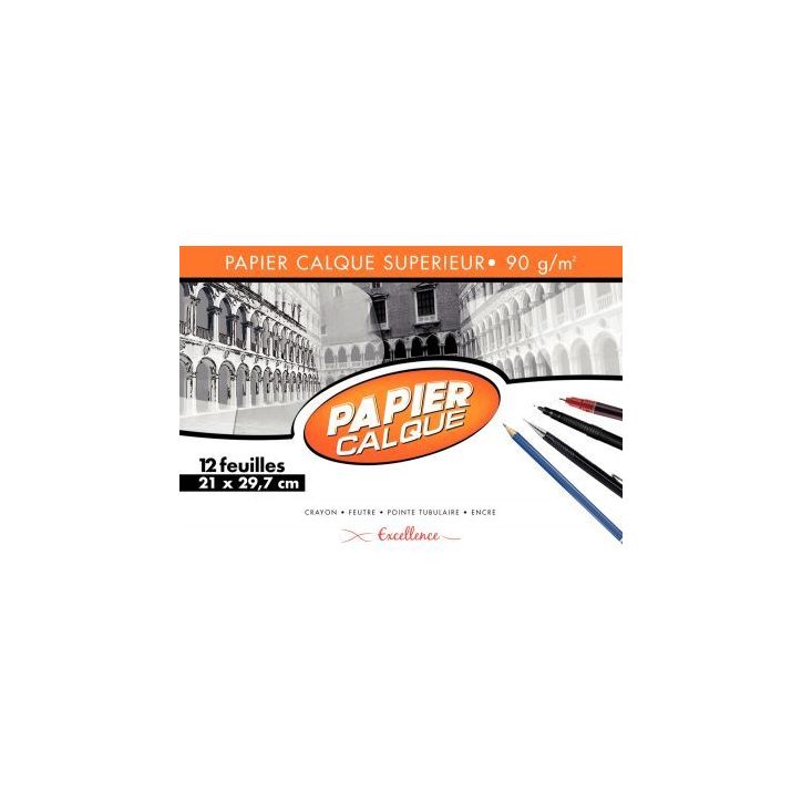 Pochette de 12 feuilles papier calque uni, 90 g 21x29,7 cm EXCELLENCE 43007MAJUSC