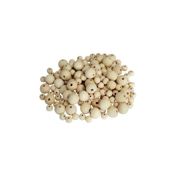 Seau de 600 perles bois brut 4 tailles 2043