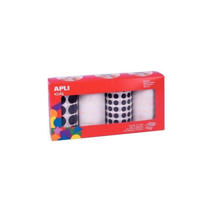 Lot de 4 rouleaux de gommettes rondes Ø 10.5 et 20mm noir et blanc 18343 APLI KIDS APLI