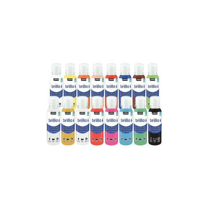 Carton de 16 flacons de 150 ml de gouache brillante BRILLO couleurs assorties 386292 BRILLO PEBEO