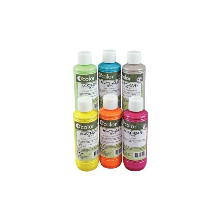 Lot de 6 flacons 250 ml de peinture acrylique O'COLOR, couleurs nacrées 1731 O'COLOR