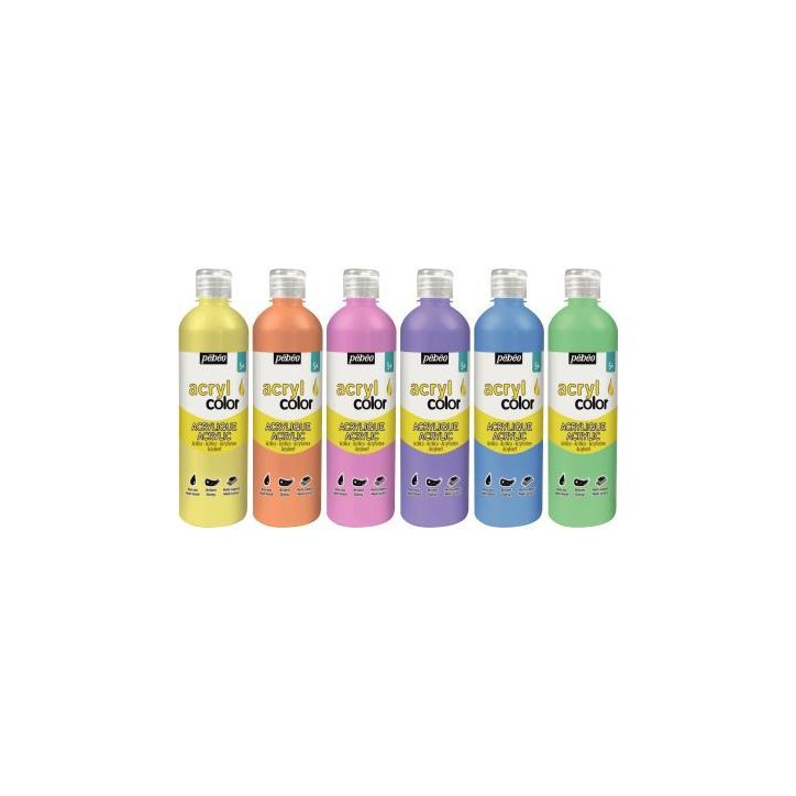 Carton de 6 flacons 500ml de peinture ACRYLCOLOR couleurs pastel assorties 364792 ACRYLCOLOR PEBEO