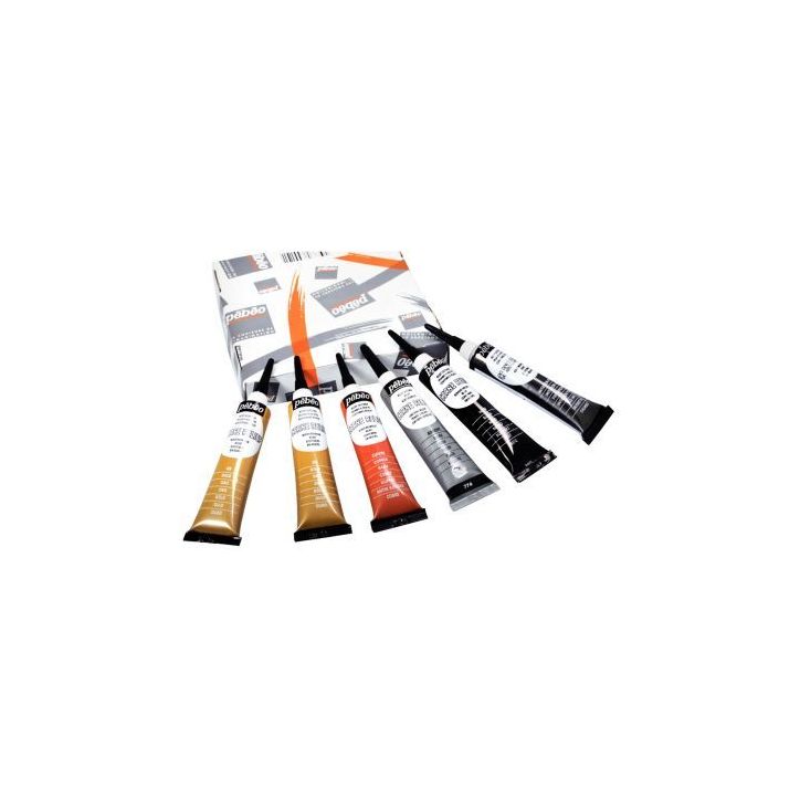 Boîte de 6 tubes à canule cerne relief 20 ml.  assortis : 2 or, noir, argent, cuivre, imitation plomb 054190(...)