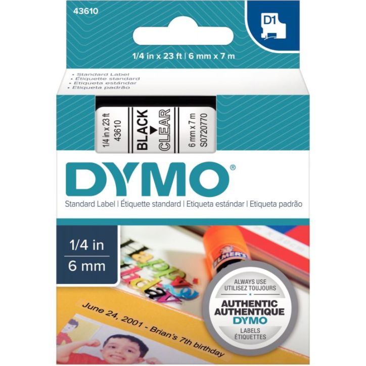 DYMO Ruban D1 Noir/transparent 6MMX7M pour 1000/1000+/2000/3500/4500/5000/5500
